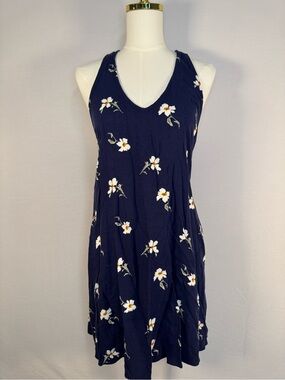 Flowy Navy Blue Floral Mini High Neck Dress XL